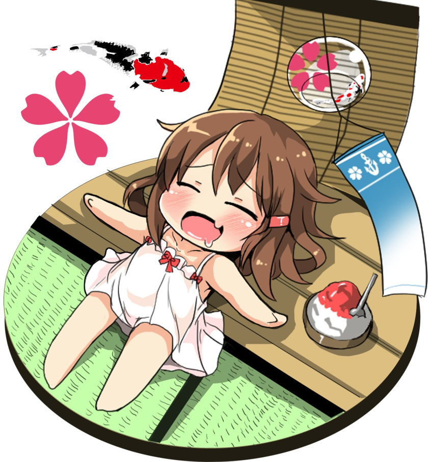 1girl alternate_costume anchor_symbol blush bowl brown_hair chibi closed_eyes commentary_request dress drooling fang flower_(symbol) hair_ornament hairclip highres hot ikazuchi_(kantai_collection) kantai_collection koi lying on_back open_mouth oshiruko_(uminekotei) outstretched_arms shaved_ice short_hair sleeveless sleeveless_dress solo spoon summer sundress tatami white_background wind_chime wooden_floor