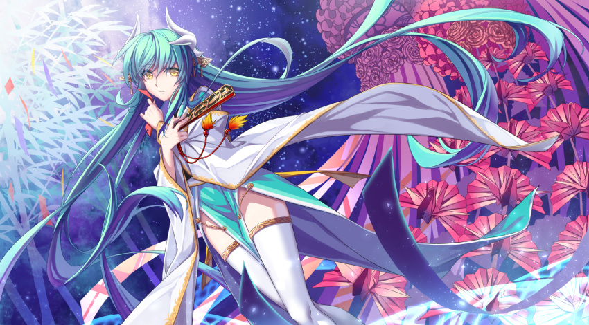 1girl aqua_hair bamboo crossed_arms fan fate/grand_order fate_(series) folding_fan highres horns japanese_clothes jh kimono kiyohime_(fate/grand_order) long_hair looking_at_viewer origami paper_crane pelvic_curtain smile solo tanabata tanzaku thigh-highs very_long_hair white_background wide_sleeves yellow_eyes