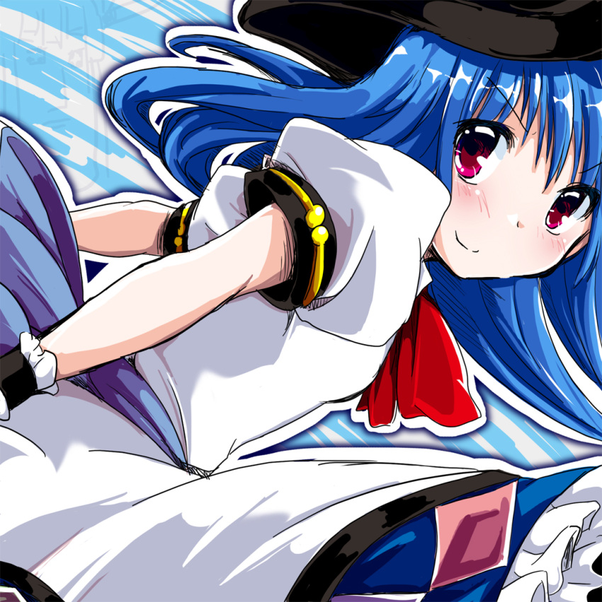 1girl blue_hair blush favfavver2 hat hinanawi_tenshi long_hair looking_back puffy_short_sleeves puffy_sleeves raised_eyebrows red_eyes short_sleeves smile solo touhou when_you_see_it