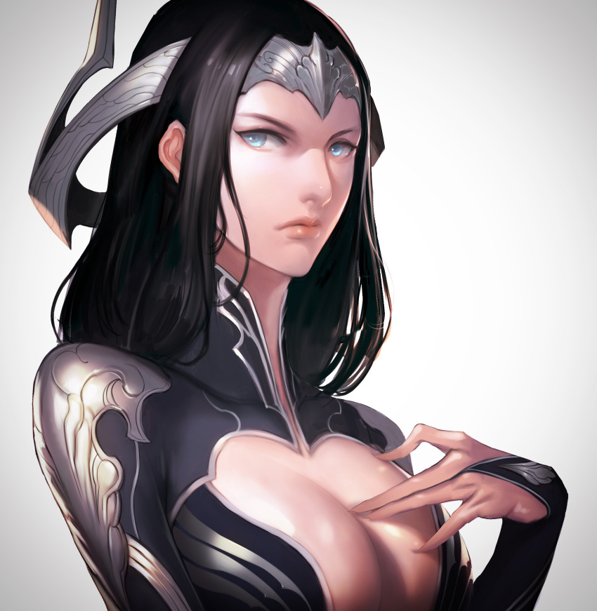 1girl absurdres armor black_hair blue_eyes breasts cleavage closed_eyes closed_mouth copyright_request forehead_protector grey_background grey_eyes hand_on_breast highres hongz looking_at_viewer serious shiny shiny_skin solo upper_body