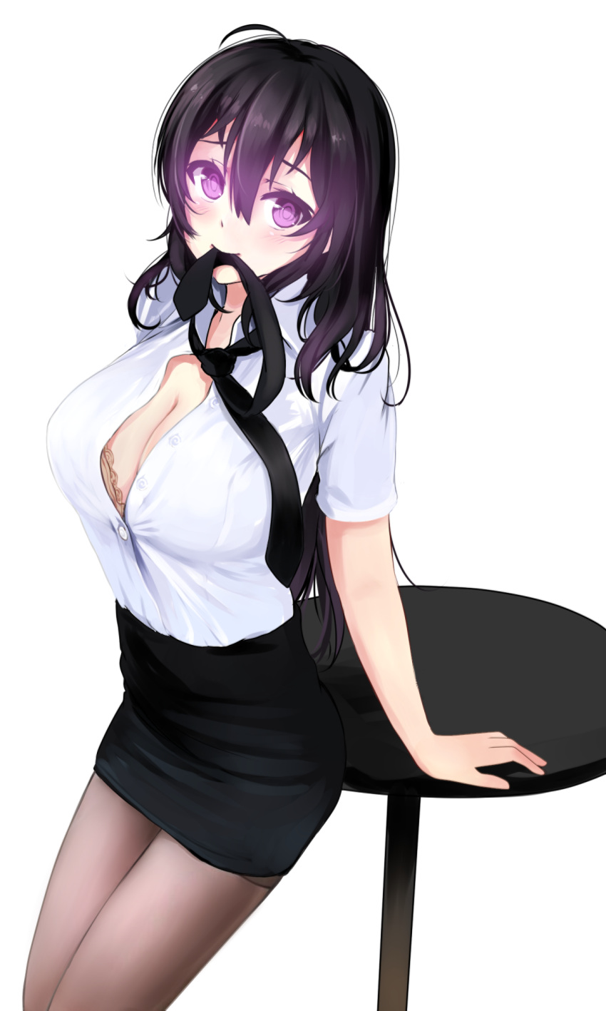 1girl beifeng_han black_hair bra breasts cleavage hair_between_eyes highres large_breasts long_hair looking_at_viewer miniskirt miyaura_sanshio mouth_hold original pantyhose skirt solo thighs unbuttoned unbuttoned_shirt underwear uniform violet_eyes