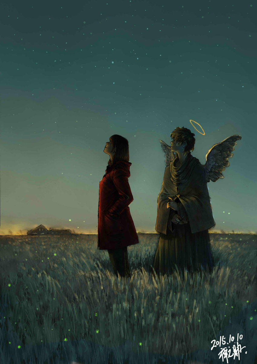 2015 absurdres angel artist_name black_pants brown_hair building closed_mouth coat dated field from_side grass hair_over_eyes halo hand_in_pocket highres looking_up number original outdoors pants profile red_coat robe short_hair sky standing star_(sky) starry_sky twilight wings zennosuke