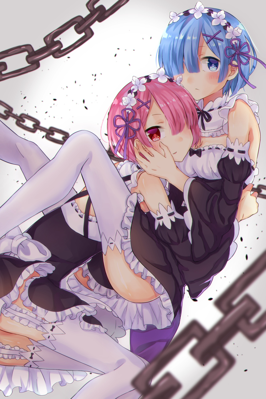 2girls :/ absurdres apron between_legs blue_eyes blue_hair blurry blush bow breasts chain cleavage depth_of_field detached_collar detached_sleeves dress expressionless frilled_dress frilled_sleeves frills from_side garter_straps hair_ornament hair_over_one_eye hand_on_another's_cheek hand_on_another's_face head_on_chest highres hug looking_at_viewer maid maid_headdress medium_breasts multiple_girls open_mouth pink_hair ram_(re:zero) re:zero_kara_hajimeru_isekai_seikatsu red_eyes rem_(re:zero) ribbon-trimmed_clothes ribbon-trimmed_collar ribbon-trimmed_legwear ribbon-trimmed_sleeves ribbon_trim short_hair siblings sisters thigh-highs twins underbust white_legwear x_hair_ornament yume_(bp25mt)