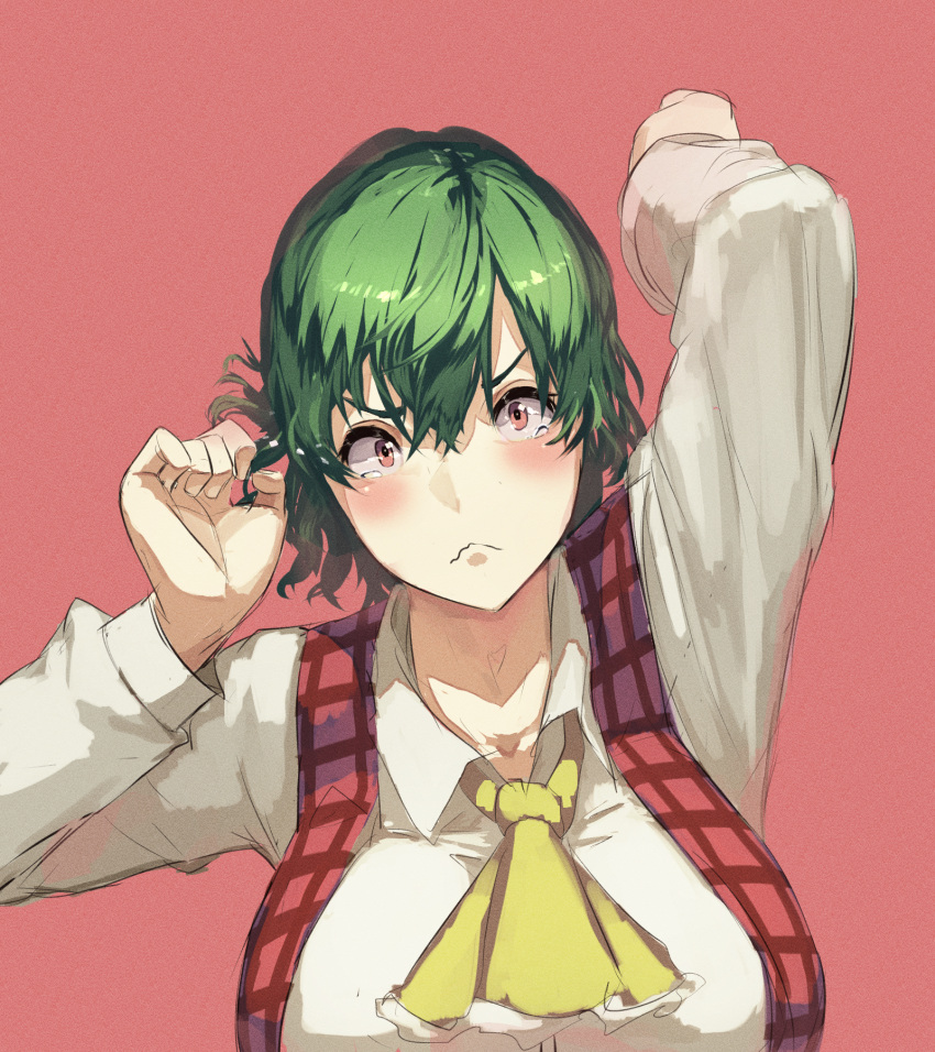 1girl ascot blush breasts commentary_request constricted_pupils embarrassed green_hair highres kazami_yuuka kikimifukuri large_breasts long_sleeves looking_at_viewer plaid plaid_vest red_background red_eyes short_hair simple_background tearing_up touhou upper_body vest wavy_mouth