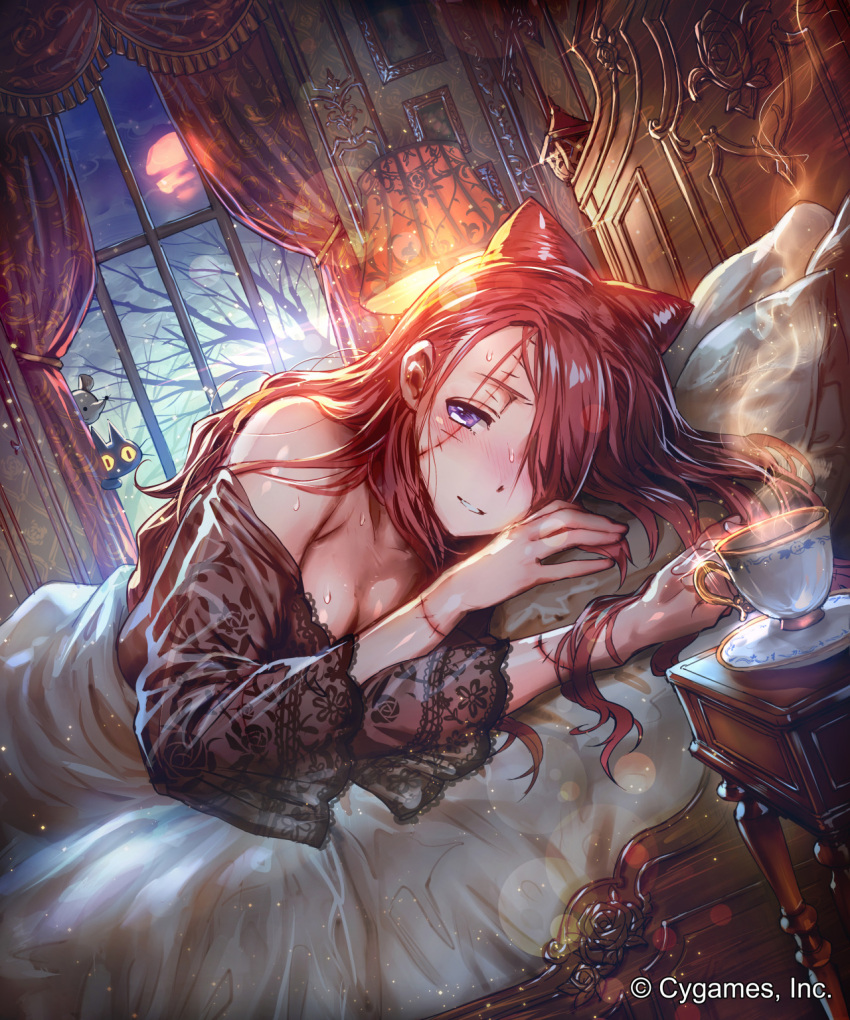 1girl bare_shoulders bare_tree bed blush breasts brown_hair ceres_(shingeki_no_bahamut) cleavage company_name cup curtains dutch_angle full_moon hair_over_one_eye highres indoors lamp long_hair looking_at_viewer lying moon mouse night nose_blush official_art okada_manabi on_side parted_lips pillow saucer shingeki_no_bahamut sick sparkle steam sweat table teacup tree violet_eyes watermark yellow_sclera |_|