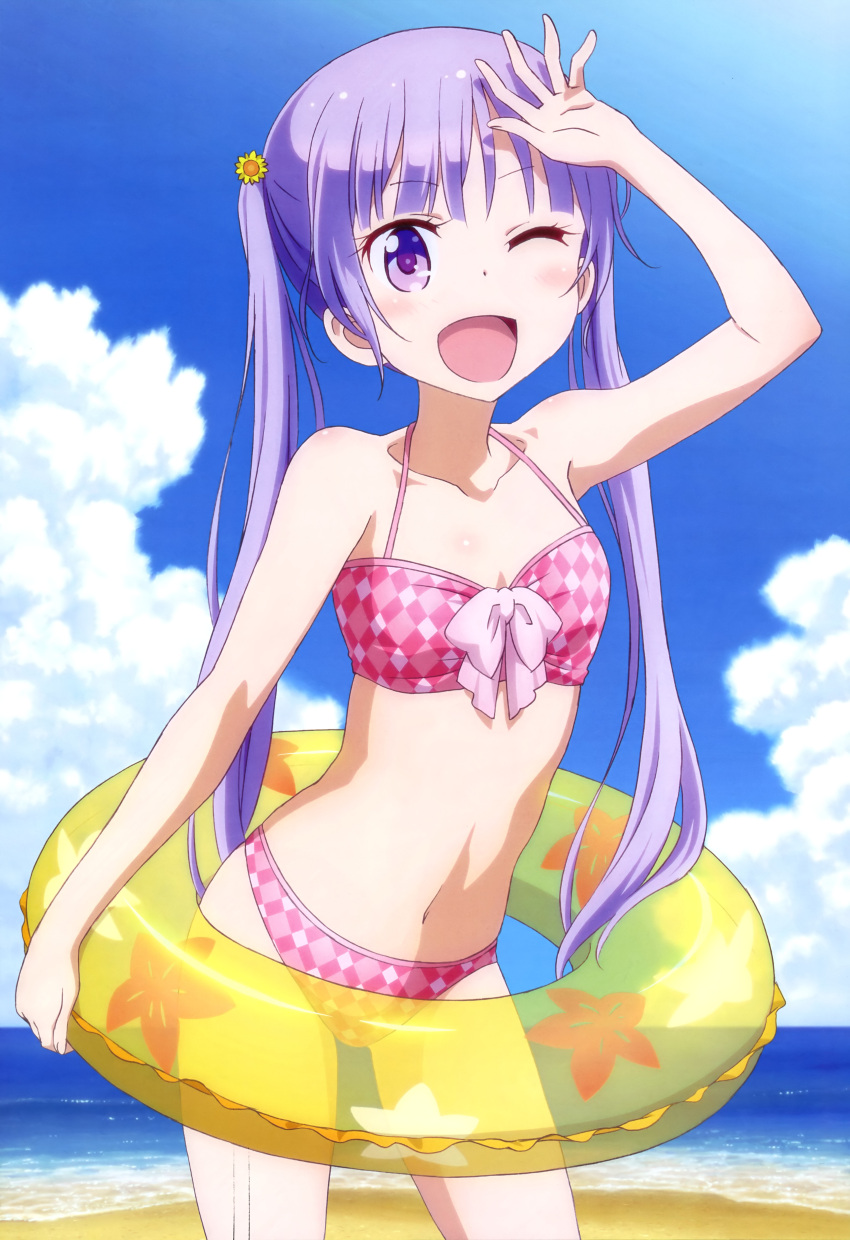 1girl ;d absurdres beach bikini clouds highres innertube long_hair new_game! nyantype ocean official_art one_eye_closed open_mouth purple_hair sky smile solo suzukaze_aoba swimsuit twintails very_long_hair violet_eyes water