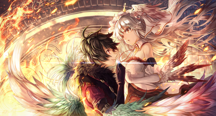 1boy 1girl arm_belt bangs bare_shoulders belt_buckle black_gloves black_hair black_wings breasts buckle burning closed_mouth coat crown dearrose detached_collar dress eye_contact eyelashes feathered_wings feathers fire floating_hair frills from_side fur_trim gloves green_wings hair_ribbon head_wings highres holding jewelry lens_flare long_hair looking_at_another low_wings medium_breasts merc_storia multicolored_wings multiple_wings necklace parted_lips pendant red_eyes ribbon ribbon_trim ring silver_hair smile strapless strapless_dress tower veil white_gloves white_wings wind wings