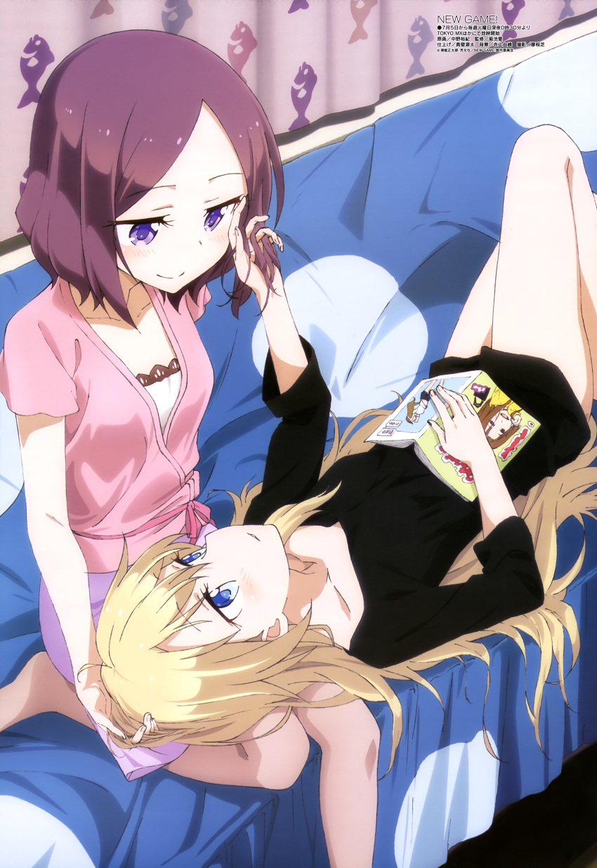 2girls absurdres blonde_hair blue_eyes book breasts casual character_request eye_contact hand_in_hair highres lap_pillow legs long_hair looking_at_another lying_on_person manga_(object) medium_breasts megami multiple_girls nakano_yuuki new_game! official_art pantyhose playing_with_another's_hair purple_hair short_hair sitting smile tooyama_rin very_long_hair violet_eyes yagami_kou yuri