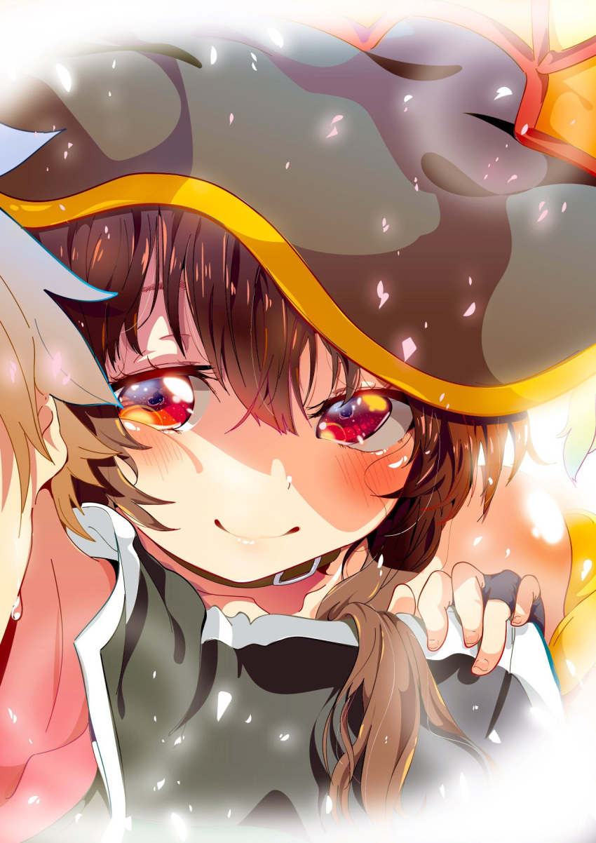 1boy 1girl aloe_(artist) bangs bare_shoulders belt belt_buckle black_gloves blush brown_hair buckle cheek_press close-up closed_mouth collar eyebrows eyebrows_visible_through_hair eyelashes face fingerless_gloves gloves hair_between_eyes hand_on_another's_shoulder happy hat hetero highres kono_subarashii_sekai_ni_shukufuku_wo! lens_flare light_particles looking_at_another megumin out_of_frame piggyback red_eyes satou_kazuma shade smile solo_focus sweat