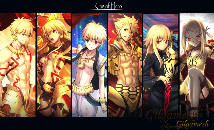 &gt;:) 3boys 3girls :d abs absurdres ahoge aora armor blonde_hair breasts cape character_name child_gilgamesh column_lineup cross cross_necklace ea_(fate/stay_night) earrings fate/grand_order fate/protoreplica fate_(series) garter_straps gate_of_babylon genderswap genderswap_(mtf) gilgamesh grey_legwear highres jewelry long_hair looking_at_viewer multiple_boys multiple_girls multiple_persona muscle navel necklace nun open_mouth parted_lips red_cape red_eyes short_hair smile spiky_hair tattoo thigh-highs under_boob upper_body waist_cape