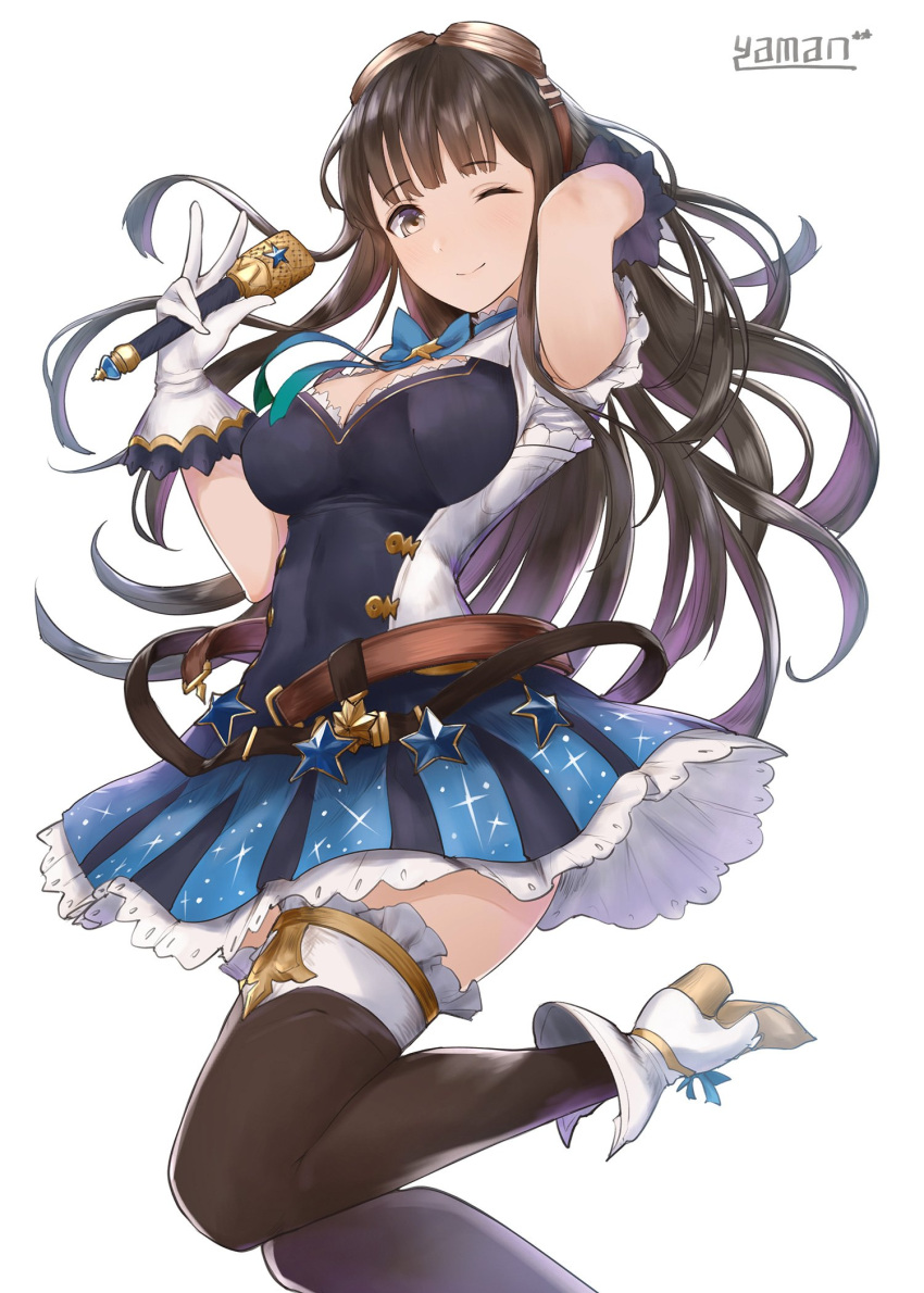 1girl ankle_boots artist_name belt black_legwear boots breasts brown_eyes brown_hair cleavage dress frilled_legwear gloves goggles goggles_on_head granblue_fantasy highres idol jessica_(granblue_fantasy) large_breasts long_hair microphone one_eye_closed petticoat smile solo standing standing_on_one_leg star thigh-highs thighs white_background white_gloves yaman_(yamanta_lov)