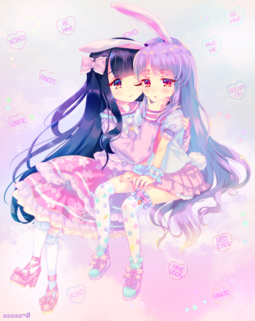 2girls alternate_costume amo animal_ears artist_name black_hair blush bow brown_eyes bunny_tail cheek-to-cheek english floral_print full_body hair_bow hand_on_another's_face heart highres houraisan_kaguya kneehighs lavender_hair long_hair long_sleeves looking_at_another miniskirt multiple_girls necktie one_eye_closed open_mouth print_legwear puffy_sleeves rabbit_ears red_eyes reisen_udongein_inaba sailor_collar shirt shoes short_sleeves sitting skirt smile sneakers tail text thigh-highs touhou white_legwear yuri