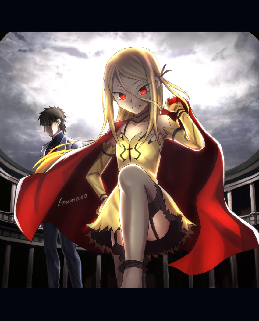 &gt;:) 1boy 1girl absurdres aora artist_name backlighting bare_shoulders blonde_hair bra_strap collarbone colosseum elbow_gloves fate/grand_order fate/protoreplica fate_(series) female garter_straps genderswap genderswap_(mtf) gilgamesh gloves grey_legwear hand_on_hip highres kotomine_kirei letterboxed long_hair looking_at_viewer male parted_lips red_cape red_eyes shaded_face sidelocks smile solo_focus thigh-highs yellow_gloves