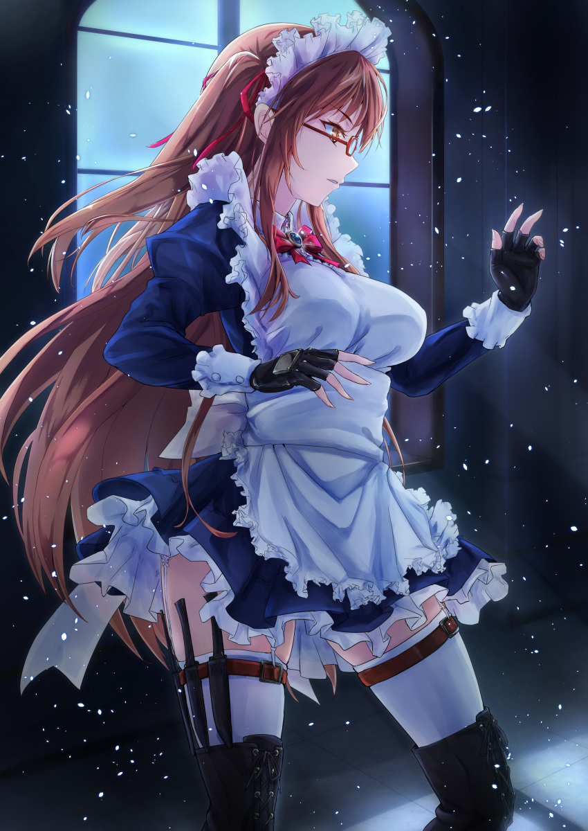 1girl absurdres apron boots brown_eyes brown_hair dress female fingerless_gloves from_side garter_straps glasses gloves hair_ribbon highres holster knife long_hair maid maid_headdress original profile ribbon solo thigh-highs thigh_boots thigh_holster thigh_strap tori@gununu two_side_up zettai_ryouiki
