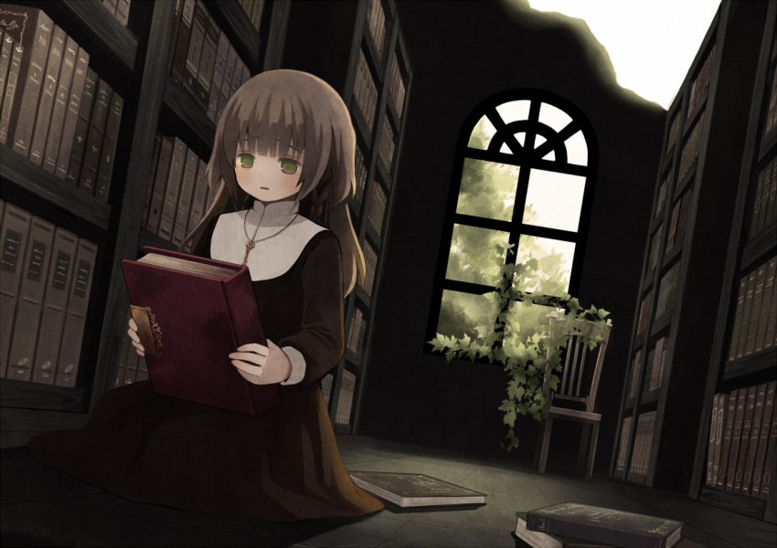 1girl blush book bookshelf brown_hair chair dutch_angle green_eyes holding holding_book indoors key_necklace library long_hair no_headwear nun on_floor open_mouth original plant solo tozaki_makoto vines window