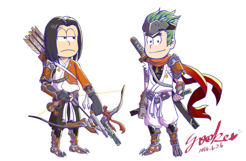 2boys absurdres arrow bow_(weapon) brown_hair commentary_request cosplay genji_(overwatch) genji_(overwatch)_(cosplay) green_hair hanzo_(overwatch) hanzo_(overwatch)_(cosplay) highres katana matsuno_ichimatsu matsuno_karamatsu multiple_boys osomatsu-kun osomatsu-san overwatch quiver signature sword weapon yooko