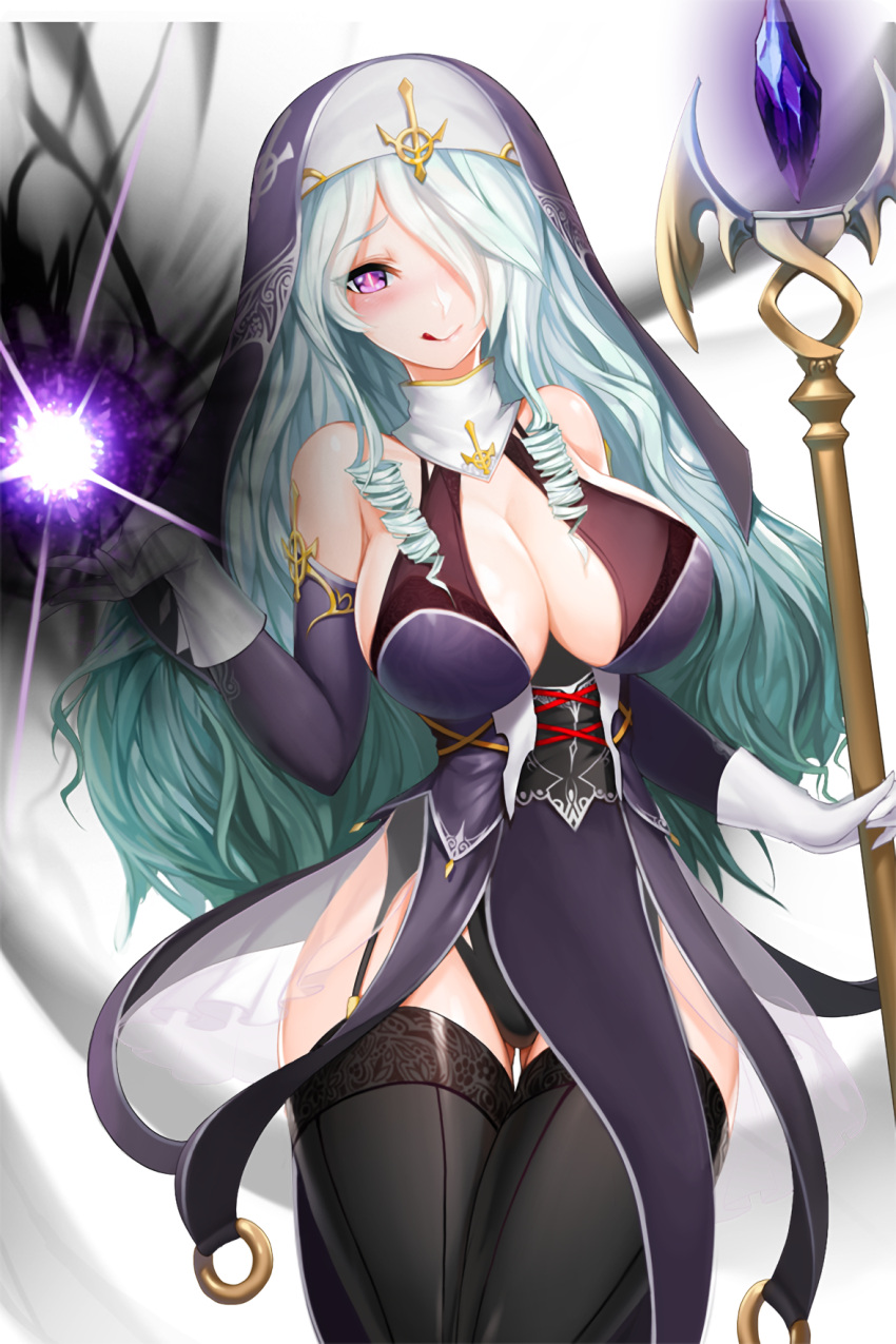 1girl alkyde_(soccer_spirits) aqua_hair artist_request bare_shoulders black_legwear breasts cleavage detached_sleeves garter_straps gloves habit hair_over_one_eye highres holding_staff large_breasts long_hair looking_at_viewer magic official_art soccer_spirits solo staff standing thigh-highs tongue tongue_out violet_eyes white_gloves