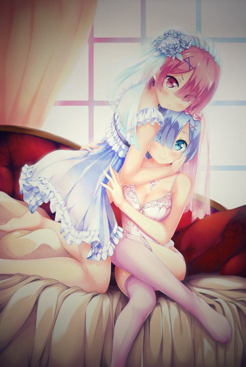 2girls absurdres bare_arms bare_legs barefoot blanket blue_eyes blue_hair blush breasts bride closed_mouth couch curtains dress eyes_visible_through_hair flower frills hair_flower hair_ornament hair_over_one_eye hand_on_another's_back hand_on_another's_face highres hug indoors kneeling kuro_neko_(yxmikan) lace lace-trimmed_thighhighs lingerie looking_at_viewer multiple_girls no_shoes panties pink_eyes pink_flower pink_hair pink_legwear pink_panties pout ram_(re:zero) re:zero_kara_hajimeru_isekai_seikatsu rem_(re:zero) see-through shiny shiny_skin short_hair siblings sisters sitting smile thigh-highs twins underwear veil white_dress white_flower window x_hair_ornament