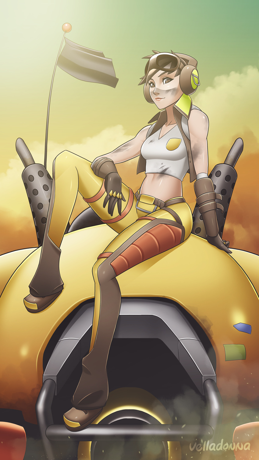 1girl alternate_costume artist_name breasts brown_eyes brown_gloves brown_hair clouds d.va_(overwatch) dirty_clothes dirty_face full_body gloves goggles goggles_on_head grease headphones highres junker_d.va_(overwatch) looking_at_viewer mecha medium_breasts meka_(overwatch) midriff navel outdoors overwatch pants shirt short_hair signature sitting sitting_on_object sleeveless sleeveless_shirt smokestack solo velladonna wallpaper white_shirt yellow_sky