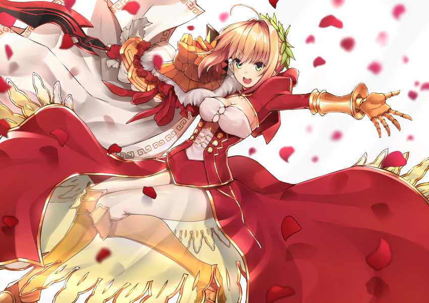 1girl :d absurdres blonde_hair breasts cleavage dress fate/extra fate/grand_order fate_(series) gauntlets greaves green_eyes highres holding holding_sword holding_weapon laurel_crown open_mouth outstretched_arms petals saber_extra see-through smile solo sword teeth wachiroku_(masakiegawa86) weapon