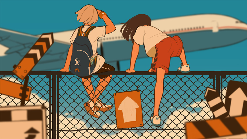 2girls aircraft airplane arm_support arrow backpack bag black_shorts blonde_hair blue_sky blurry brown_hair chain-link_fence climbing clouds commentary_request depth_of_field fence flat_color from_behind full_body hieda_yawe jet long_hair monochrome multiple_girls on_fence original outdoors red_shorts shirt short_hair shorts sign sitting sky t-shirt white_shirt