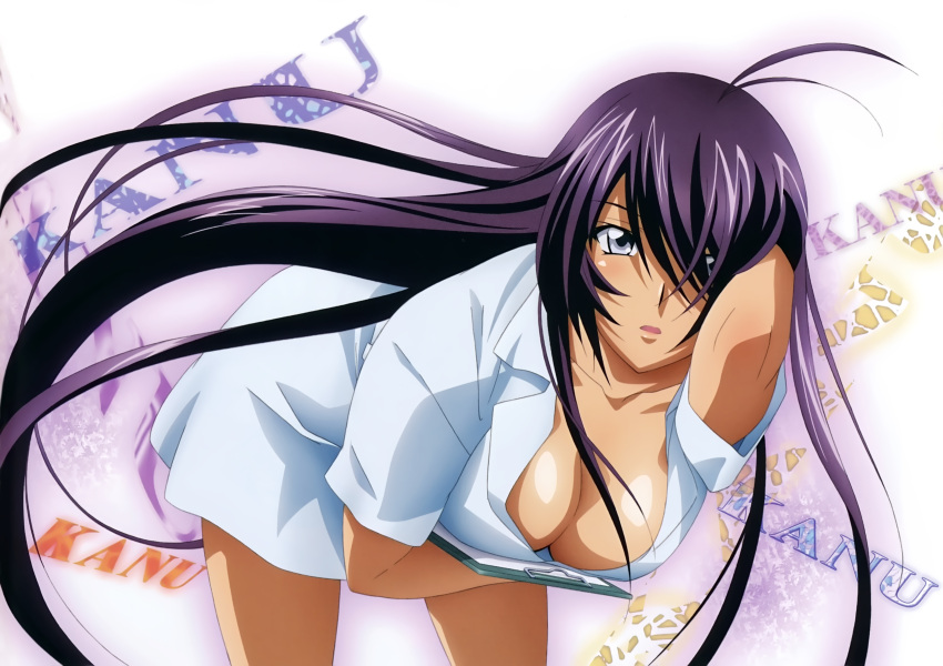 1girl absurdres black_hair breasts character_name cleavage collarbone grey_eyes hair_over_one_eye hand_in_hair highres ikkitousen kan'u_unchou large_breasts long_hair looking_at_viewer rin-sin shirt solo white_shirt