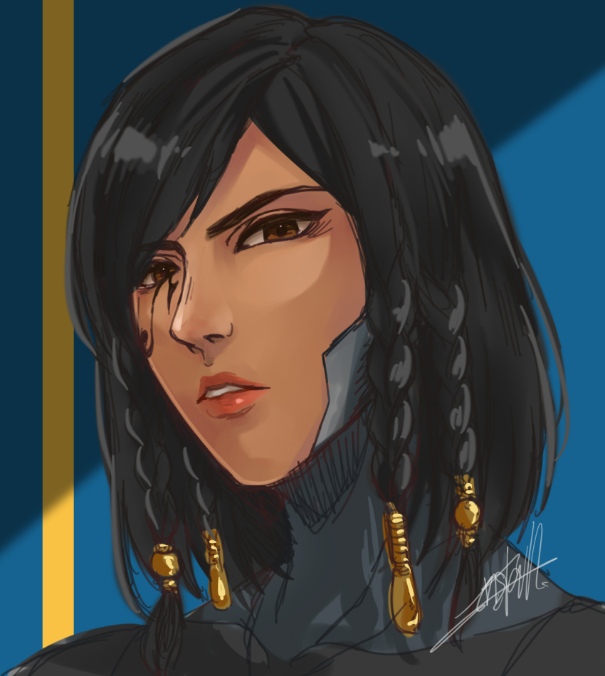 1girl artist_name black_hair blue_background brown_eyes dark_skin eye_of_horus facial_mark facial_tattoo highres install_(all_install) lips long_hair looking_at_viewer nose overwatch pharah_(overwatch) portrait signature sketch solo tattoo