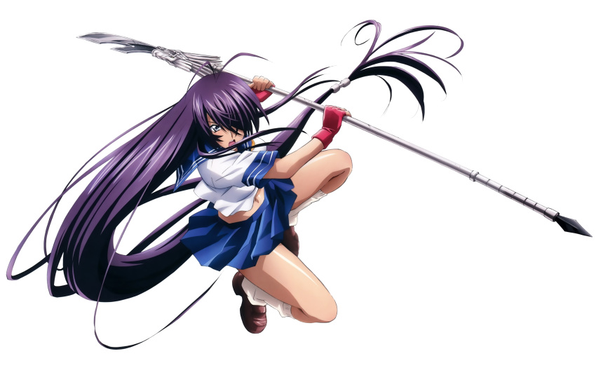 1girl absurdres blue_skirt hair_over_one_eye highres holding holding_weapon ikkitousen kan'u_unchou kneehighs long_hair looking_at_viewer midriff navel open_mouth pleated_skirt polearm purple_hair rin-sin school_uniform serafuku shirt simple_background skirt solo spear weapon white_background white_legwear white_shirt