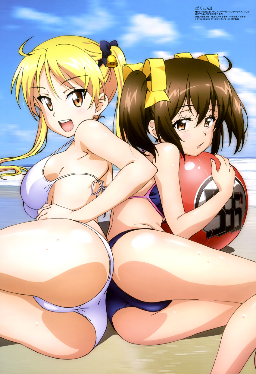 2girls absurdres ass back-to-back bakuon!! ball beach beachball bell bikini blonde_hair breasts brown_eyes brown_hair clouds from_side hair_bell hair_ornament hair_ribbon highres large_breasts lying megami multiple_girls nakano_chisame ocean official_art on_side ribbon sideboob sky strap_gap suzunoki_rin swimsuit twintails water