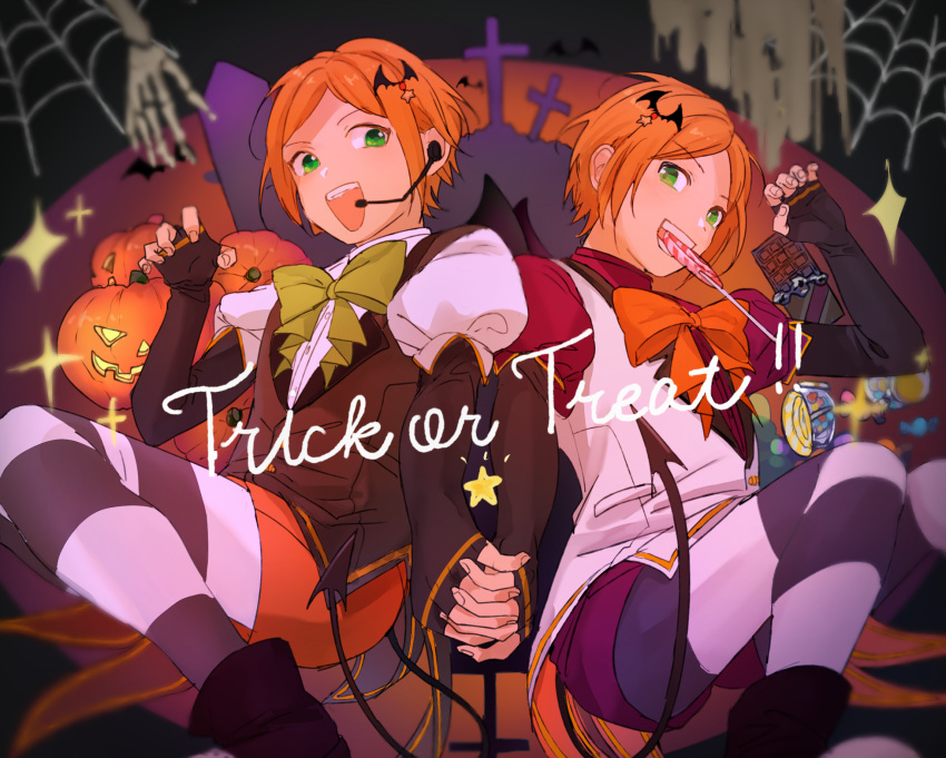 2boys aoi_hinata aoi_yuuta brothers candy chocolate chocolate_bar demon_tail eating ensemble_stars! green_eyes halloween headset highres holding_hands jack-o'-lantern jar juliet_sleeves lollipop long_sleeves looking_at_viewer male_focus multiple_boys orange_hair puffy_sleeves siblings silk spider_web striped striped_legwear tail twins