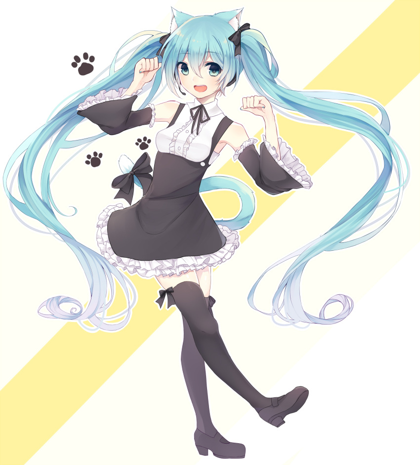 1girl absurdres alternate_costume animal_ears aqua_eyes aqua_hair black_legwear cat_ears cat_tail detached_sleeves dress enmaided full_body hatsune_miku headset highres long_hair maid mary_janes nail_polish open_mouth paw_pose ribbon shoes solo sudale tail tail_ribbon thigh-highs twintails very_long_hair vocaloid