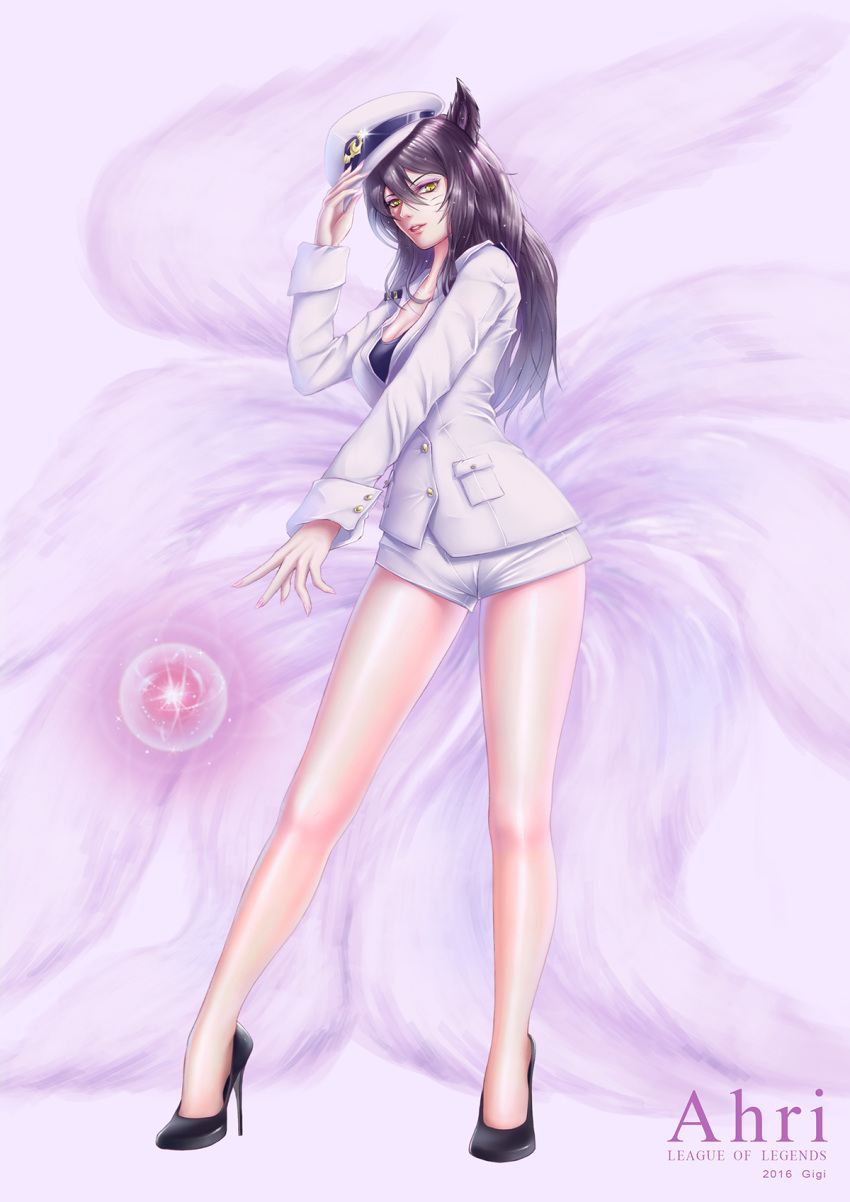 1girl 2016 ahri alternate_costume animal_ears artist_name bangs black_hair black_shoes breasts character_name contrapposto copyright_name facial_mark fox_ears fox_tail generation_ahri gi_gi glowing hair_between_eyes hand_on_headwear hat high_heels highres jacket large_breasts league_of_legends legs_apart light_particles long_hair long_sleeves looking_at_viewer parted_lips peaked_cap shiny shiny_skin shoes shorts simple_background solo sphere standing tail whisker_markings white_hat white_jacket white_shorts yellow_eyes
