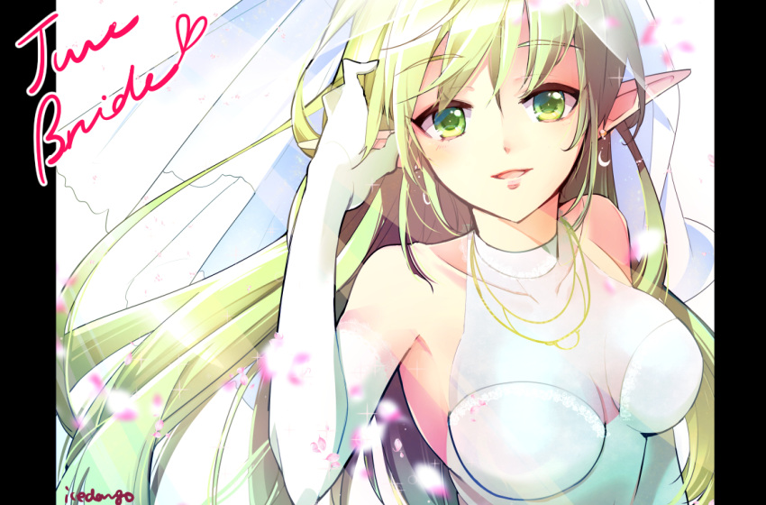 1girl :d alternate_costume artist_name bangs bare_shoulders breasts bridal_veil bride choker collarbone crescent crescent_earrings dress earrings elbow_gloves elf elsword english eyebrows eyebrows_visible_through_hair gloves green_eyes green_hair hair_between_eyes hair_tucking halterneck hand_up heart jewelry kuroshio_maki lens_flare long_hair looking_at_viewer medium_breasts motion_blur open_mouth petals pillarboxed pointy_ears rena_(elsword) see-through simple_background sleeveless smile solo upper_body veil wedding_dress white_background white_dress