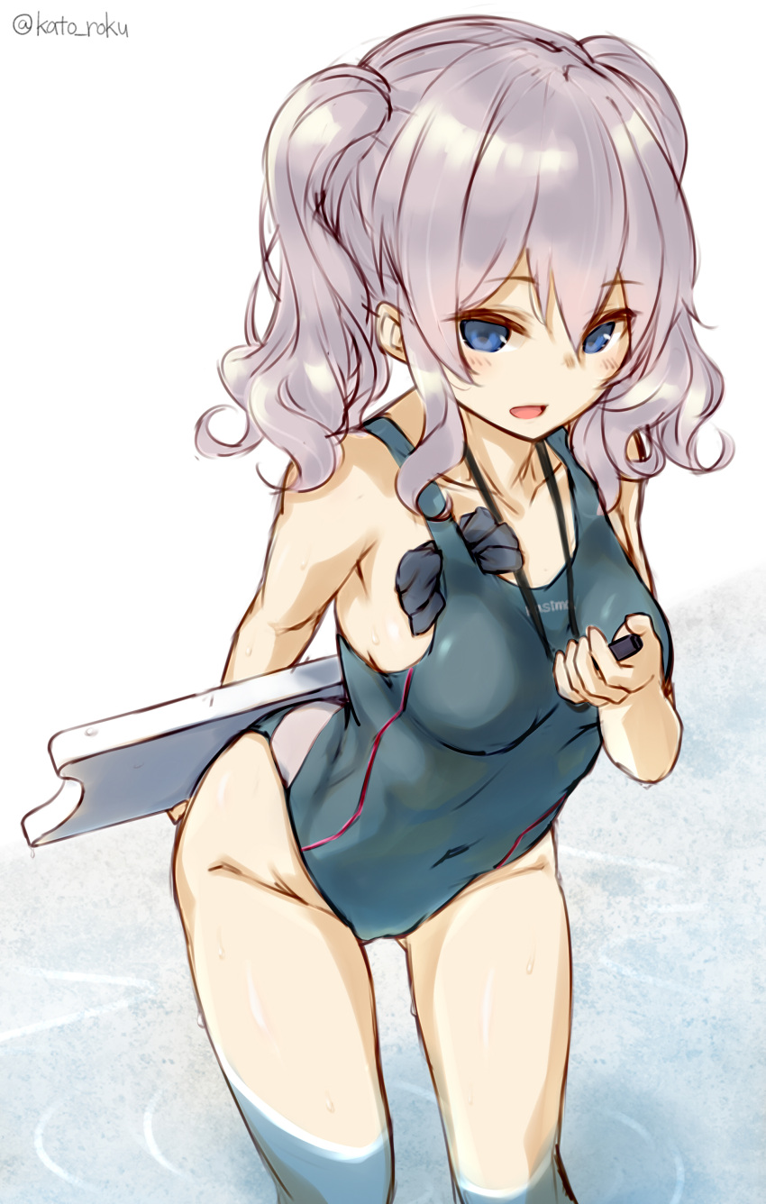 1girl absurdres alternate_costume arm_behind_back blue_eyes blue_swimsuit bow breasts collarbone competition_swimsuit covered_navel grey_hair hair_between_eyes hair_bow highres holding in_swimsuit kantai_collection kashima_(kantai_collection) katoroku leaning_forward looking_at_viewer medium_breasts one-piece_swimsuit ripples sketch solo standing stopwatch swim_cap swimsuit twintails twitter_username wading watch wavy_hair white_background