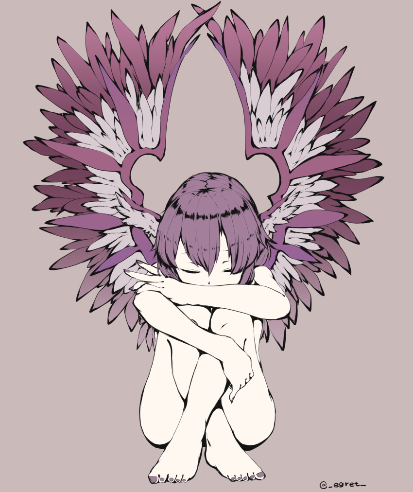 1girl animal_ears barefoot bird_wings closed_eyes convenient_censoring covered_mouth egret flat_color full_body highres lavender_background mystia_lorelei nail_polish nude short_hair simple_background sitting solo touhou twitter_username wings