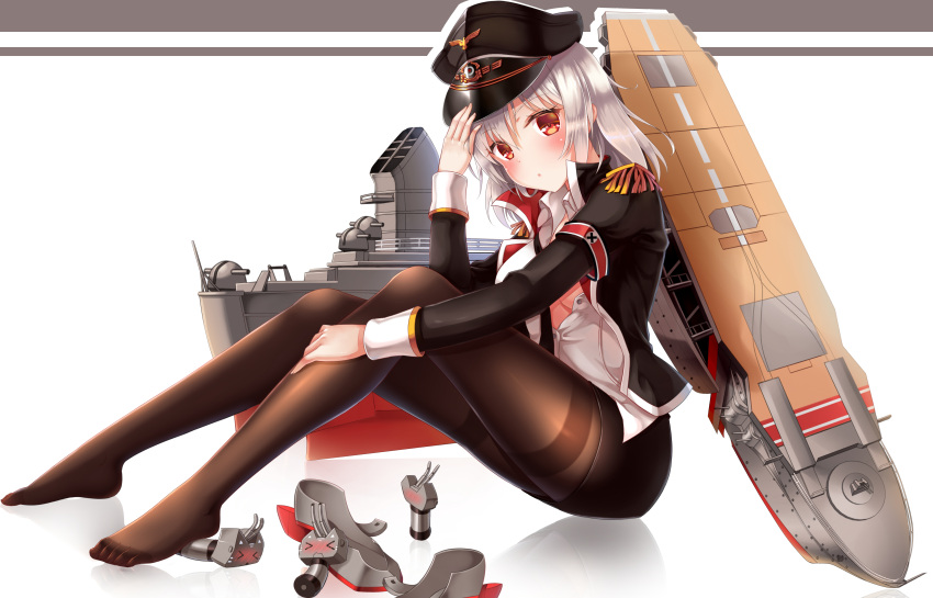 &gt;_&lt; 1girl :o absurdres bangs black_jacket black_necktie black_skirt blush breasts brown_legwear closed_eyes collared_shirt dress_shirt epaulettes eyebrows eyebrows_visible_through_hair flight_deck from_side full_body graf_zeppelin_(zhan_jian_shao_nyu) hair_between_eyes hand_on_headwear hand_on_leg hat head_tilt highres jacket knees_up long_sleeves looking_at_viewer machinery medium_breasts miniskirt necktie no_shoes outline pantyhose peaked_cap pencil_skirt red_eyes rudder_shoes shirt shoes_removed sitting skirt solo thighband_pantyhose unbuttoned unbuttoned_shirt white_background white_hair white_shirt zhan_jian_shao_nyu zhou_yu_(ppaaqz1995)