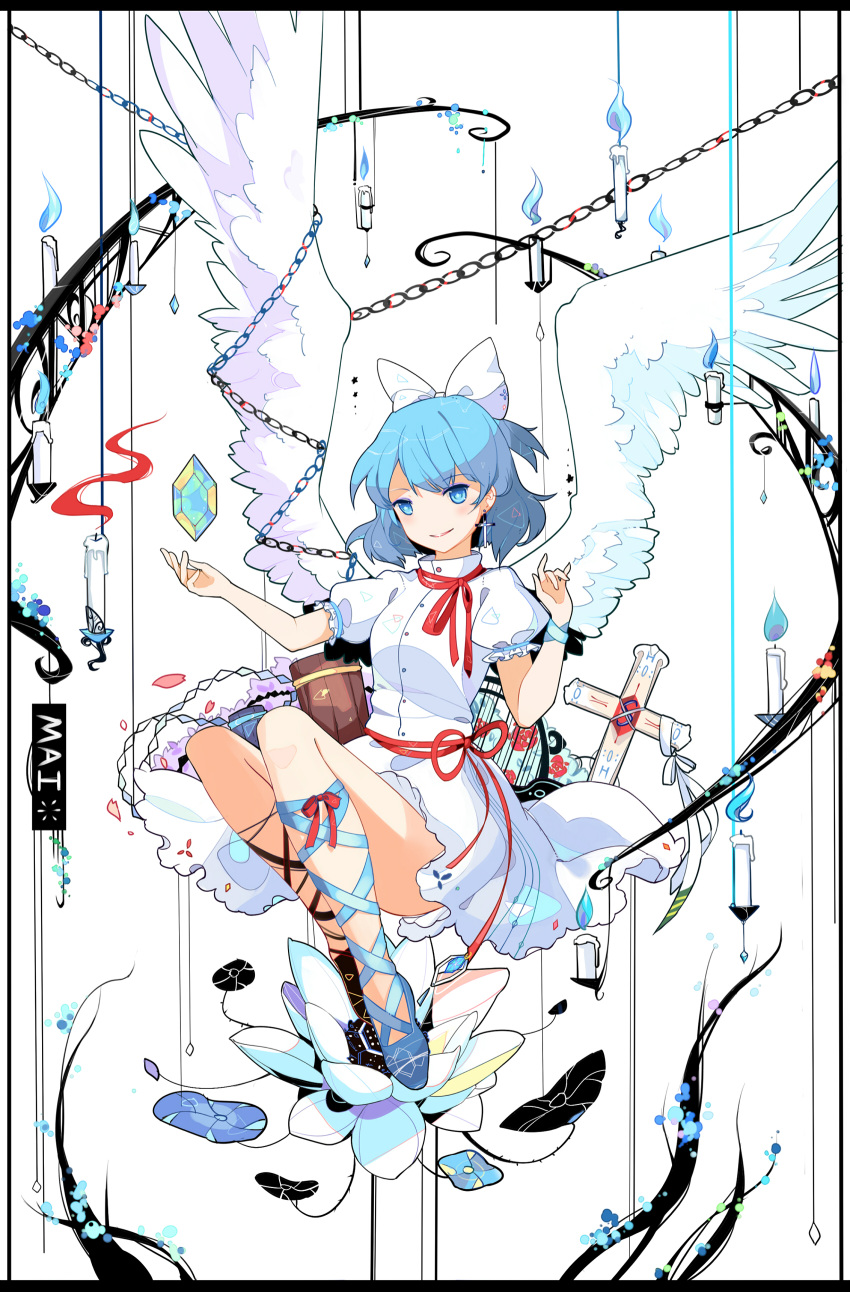 1girl absurdres angel_wings blue_eyes blue_fire blue_hair border candle chain character_name cross dress earrings fire flower full_body hair_ribbon highres ideolo_(style) jewelry leg_ribbon looking_at_viewer mai_(touhou) parody petals puffy_sleeves ribbon sash short_hair short_sleeves smile solo style_parody touhou touhou_(pc-98) white_background wings yorktown_cv-5