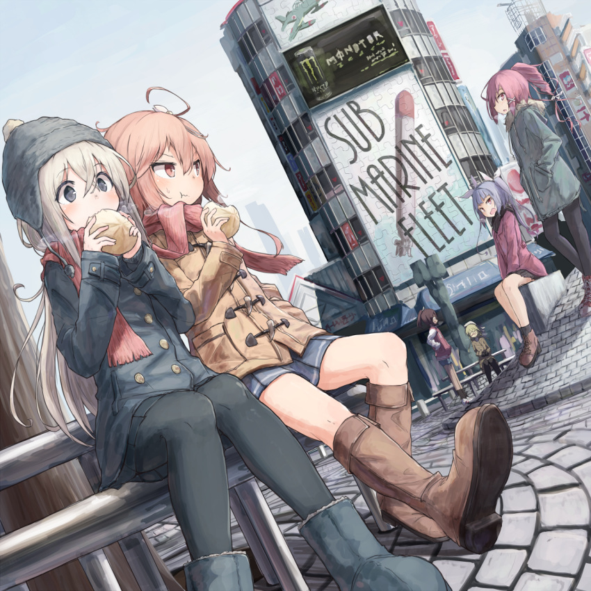 6+girls :d :o :t ahoge ankle_boots baozi bare_legs beanie beize_(garbage) bench beret black_boots black_coat black_legwear blonde_hair blue_eyes blue_shorts blue_skirt blue_sky blush boots breath brown_boots brown_coat brown_hair building city closed_mouth coat day double-breasted drill_hair duffel_coat dutch_angle eating english eyebrows eyebrows_visible_through_hair food green_jacket grey_hat hair_between_eyes hair_ornament hairclip hands_in_pockets hat highres holding holding_food hood hooded_jacket i-168_(kantai_collection) i-19_(kantai_collection) i-401_(kantai_collection) i-58_(kantai_collection) i-8_(kantai_collection) jacket kantai_collection knee_boots looking_at_viewer looking_to_the_side lying monster_energy multiple_girls on_stomach open_mouth pantyhose park pink_hair pink_jacket pleated_skirt pocket ponytail purple_hair red_eyes red_scarf scarf short_hair shorts sitting skirt sky smile statue steam stone_floor text torpedo_print u-511_(kantai_collection) violet_eyes visible_air wavy_mouth white_hat winter_clothes winter_coat x_hair_ornament