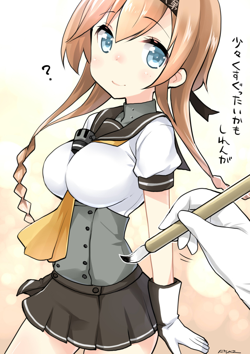 1boy 1girl absurdres admiral_(kantai_collection) between_breasts blue_eyes braid breasts brown_hair calligraphy_brush check_commentary commentary_request corset gloves hachimaki headband highres holding kantai_collection long_hair miniskirt paintbrush pleated_skirt ryuki_(ryukisukune) school_uniform serafuku simple_background skirt smile teruzuki_(kantai_collection) translation_request twin_braids white_background white_gloves
