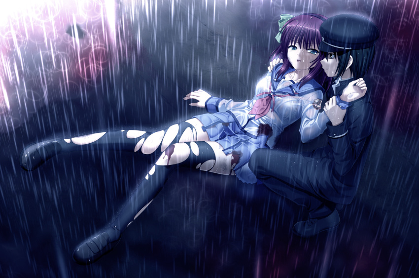 1boy 1girl angel_beats! black_hair black_legwear blood blue_skirt collarbone game_cg green_ribbon hair_ribbon hairband hat highres long_hair na-ga naoi_ayato outdoors pleated_skirt purple_hair rain ribbon shirt short_hair skirt thigh-highs torn_clothes torn_skirt torn_thighhighs wet wet_clothes wet_hat wet_shirt white_shirt yuri_(angel_beats!)