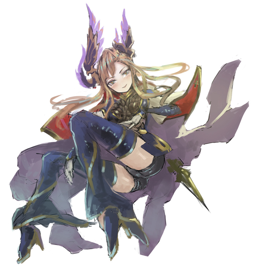 1girl black_legwear blush brown_hair cape floating floating_hair full_body gloves granblue_fantasy green_eyes head_wings high_heels long_hair looking_at_viewer open_mouth p-rus shorts simple_background smile solo song_(granblue_fantasy) thigh-highs white_background white_gloves