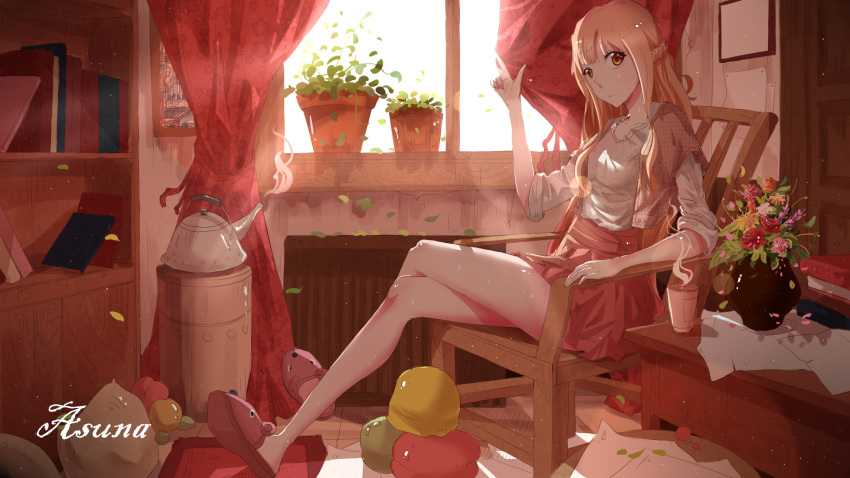 1girl alternate_costume asuna_(sao) backlighting book bookshelf braid brown_eyes brown_hair casual chair character_name crossed_legs cup curtains flower food french_braid fruit hand_up highres indoors leaf light_particles long_hair long_legs looking_at_viewer plant potted_plant sitting sleeves_rolled_up slippers solo steam sunlight sword_art_online teapot vase window xyz_(5636552)