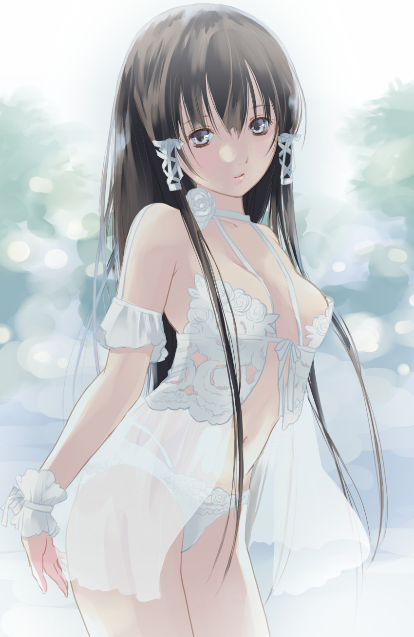 1boy babydoll bangs between_breasts black_hair blue_eyes blurry bokeh breasts choker cowboy_shot crossdressinging depth_of_field detached_sleeves fuuchouin_kazuki getbackers hair_between_eyes hair_ribbon highres long_hair looking_at_viewer male_focus medium_breasts otoko_no_ko panties papillon10 parted_lips ribbon see-through shade solo underwear very_long_hair white_panties white_ribbon wrist_cuffs x_hair_ornament