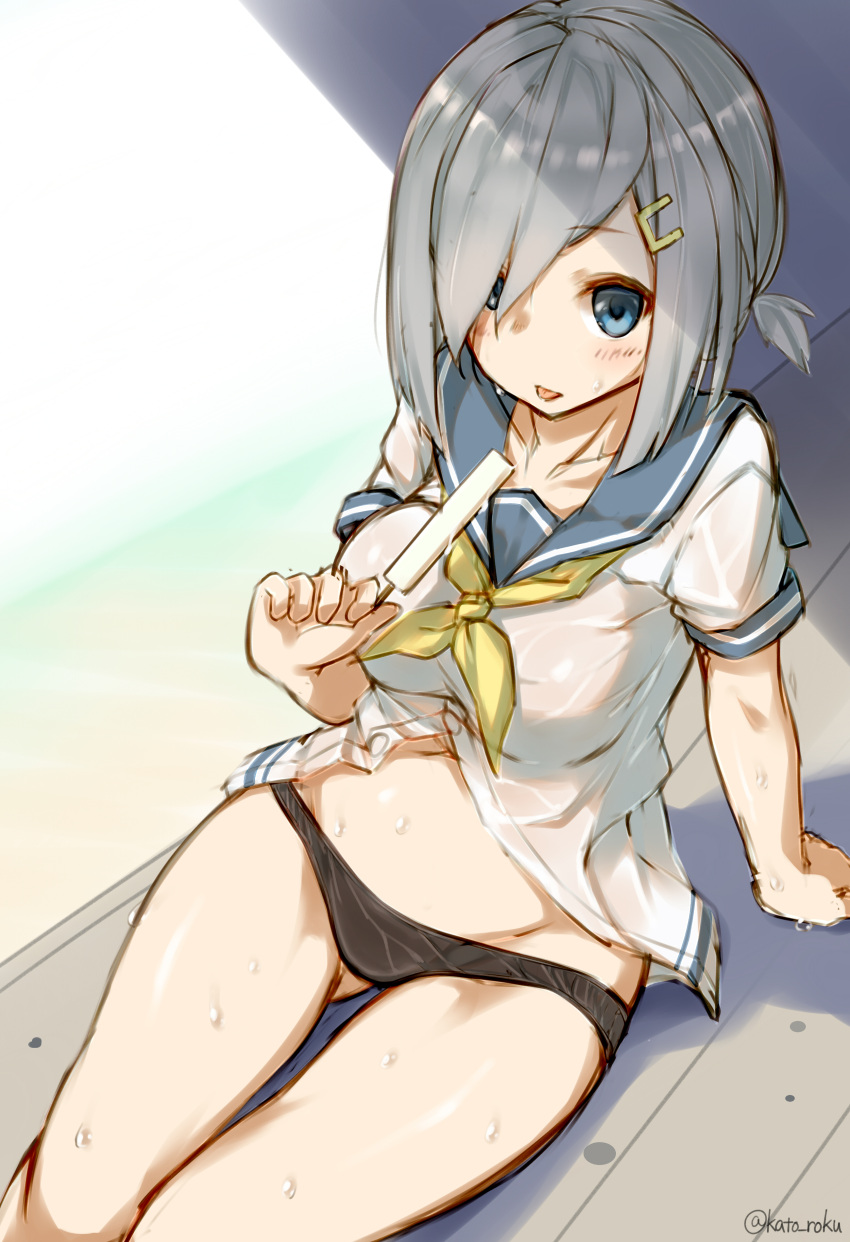 1girl absurdres alternate_hairstyle arm_support ass_visible_through_thighs bangs black_panties blue_eyes breasts collarbone from_above grey_hair groin hair_ornament hair_over_one_eye hairclip hamakaze_(kantai_collection) highres holding kantai_collection katoroku looking_at_viewer medium_breasts neckerchief panties popsicle sailor_collar see-through shirt short_ponytail short_sleeves sitting sketch solo swept_bangs tongue tongue_out underwear wet wet_clothes wet_shirt wooden_floor