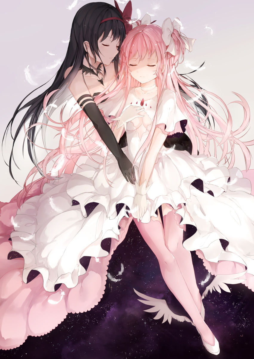 2girls absurdres akemi_homura akuma_homura bangs black_gloves black_hair bow breasts choker cleavage closed_eyes collarbone dress elbow_gloves feathers floating_hair gloves goddess_madoka gradient gradient_background hair_bow hairband hand_on_own_chest highres hug impossible_clothes kaname_madoka layered_dress long_hair magical_girl mahou_shoujo_madoka_magica mahou_shoujo_madoka_magica_movie multiple_girls oretsuu outstretched_arms pink_hair pink_legwear red_bow sky soul_gem space spoilers star_(sky) starry_sky thigh-highs two_side_up very_long_hair white_bow white_dress white_gloves zettai_ryouiki