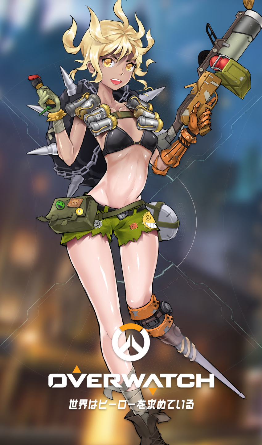 1girl absurdres ahoge arm_wrap bag bandaged_arm bandages bare_shoulders belt belt_pouch bikini bikini_top black_bikini boots bracelet breasts buckle collarbone copyright_name cross-laced_footwear flat_chest genderswap genderswap_(mtf) gloves green_gloves green_shorts grenade_launcher groin gun highres holding holding_gun holding_weapon jewelry junkrat_(overwatch) lace-up_boots leg_wrap looking_at_viewer mechanical_arm mechanical_hand midriff navel open_mouth overwatch pauldrons peg_leg short_hair short_shorts shorts single_glove small_breasts smile socks solo spiked_bracelet spikes standing standing_on_one_leg stomach swimsuit teeth tire weapon white_legwear yellow_eyes
