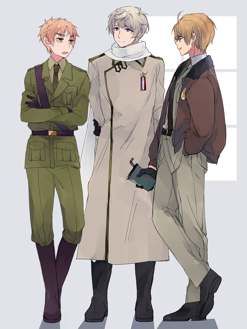 3boys america_(hetalia) axis_powers_hetalia black_gloves blonde_hair crossed_arms eyebrows full_body gloves green_eyes grey_background grey_eyes hand_in_pocket highres hita_(hitapita) jacket light_smile looking_at_another male_focus military military_uniform multiple_boys open_clothes open_jacket russia_(hetalia) scarf silver_hair thick_eyebrows uniform united_kingdom_(hetalia) window