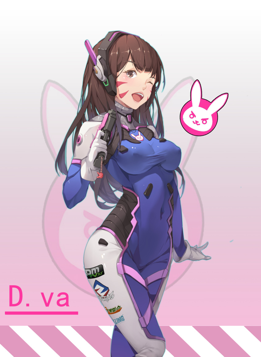 1girl ;d absurdres bodysuit breasts brown_eyes brown_hair character_name covered_navel covered_nipples d.va_(overwatch) facial_mark gun handgun highres long_hair one_eye_closed open_mouth overwatch pistol sanyuejiuri smile solo taut_clothes weapon whisker_markings