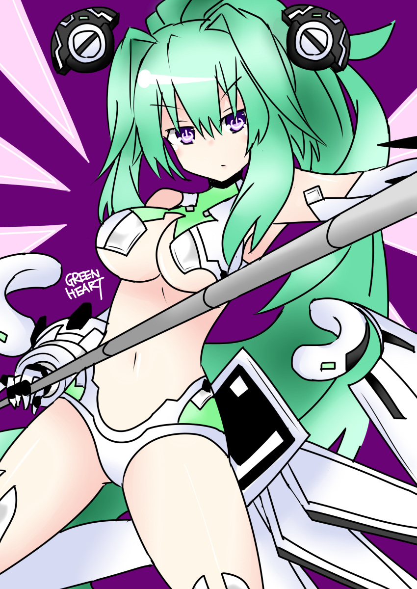 1girl absurdres breasts cleavage green_hair green_heart highres kisaragi_(kisaragi0930) large_breasts long_hair looking_at_viewer neptune_(series) polearm ponytail solo spear symbol-shaped_pupils vert very_long_hair violet_eyes weapon