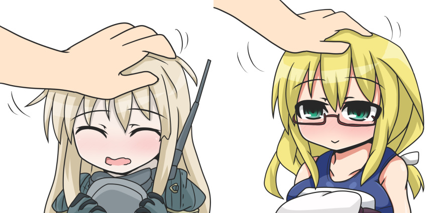 2girls admiral_(kantai_collection) bare_shoulders blonde_hair blush closed_eyes commentary_request eyebrows eyebrows_visible_through_hair garrison_cap glasses green_eyes hat highres i-8_(kantai_collection) kantai_collection long_hair low_twintails multiple_girls peaked_cap petting platinum_blonde school_uniform twintails u-511_(kantai_collection) wavy_mouth yuuki_shishin